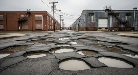 Pothole ridden road in a decaying industrial urban environment