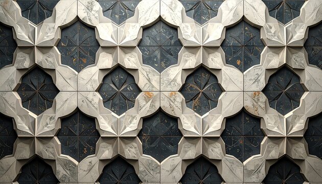 Intricate geometric pattern of carved marble and dark stone tiles creating a visually stunning architectural detail.