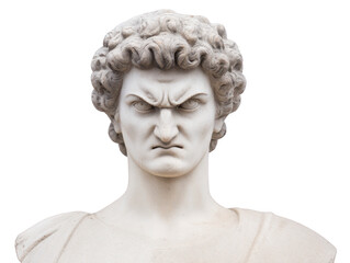 Angry marble statue bust with curly hair and intense expression, classical sculpture art showing strong emotion and detailed craftsmanship