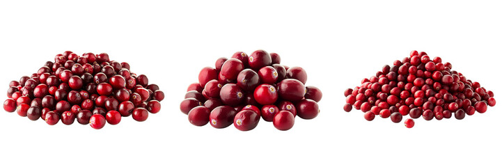 Three pyramids of cranberries, isolated on transparent background. Fruit, Harvest, Red, Food, Berry, Winter, Thanksgiving, Autumn, Fresh, Round, Healthy, Organic, Nature, Diet, Ingredient, Superfood,
