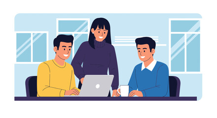 Diverse team collaborating with laptop in modern office setting