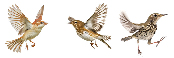 Fototapeta premium Three songbirds in flight, detailed plumage, isolated on transparent background, avian, wildlife, nature, birds, songbird, flight, wings, nature, wildlife, songbird, flight, wings, avian