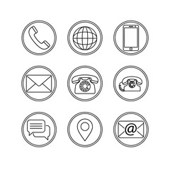 Modern minimalist contact icons set in line style, perfect for web, app, or business design. Includes phone, email, chat, location, and internet symbols.
