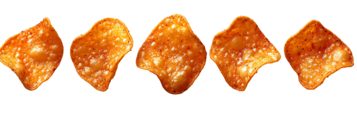 Closeup of several golden orange food items against transparent background