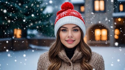 cute woman in winter, woman on background of christmas tree, woman in holydays