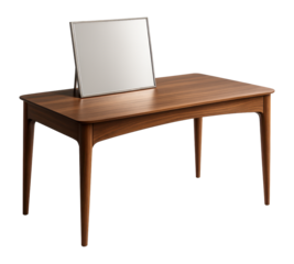 A versatile vanity table with a foldable mirror that transforms into a writing desk.