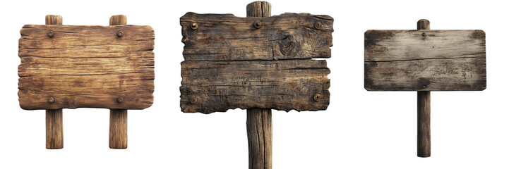 Three vintage wooden signs, rustic, isolated on transparent background, direction, wilderness, rustic signs, wood texture