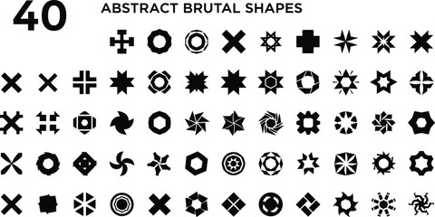 Abstract brutal shape icon set with geometric, symmetrical, cross, star, and circle silhouettes for bold vector graphic design