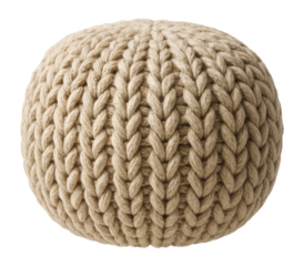 A cozy knitted pouf for the bedroom with a thick, chunky knit design.