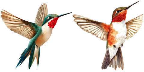 Obraz premium Two Detailed Hummingbirds in Flight, Isolated on Transparent Background, Avian Beauty, Nature Art, Winged Wonders, Bird Illustration, Wildlife Art