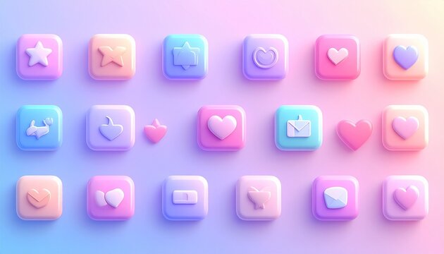 A collection of soft, pastel-colored 3D icons with various symbols like stars, hearts, and envelopes, arranged in a grid.