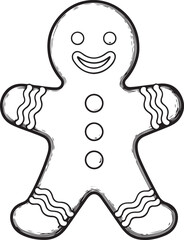 Vector art of black and white outline drawing of a gingerbread man cookie with icing decorations