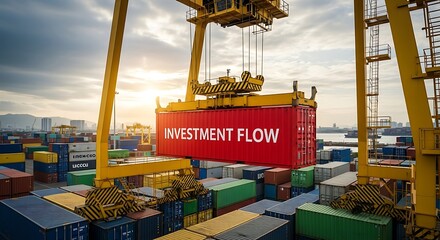 A large industrial crane lifts a red shipping container labeled economic crisis symbolizing global financial downturn and trade disruption