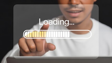 Businessman using laptop with loading bar on virtual screen to install or download software. progress bar, update, upgrade.	