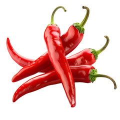 Fresh red chili peppers with green stems on white background