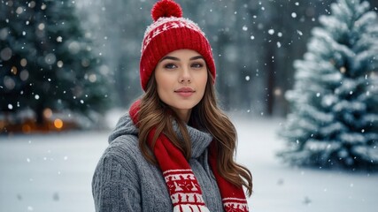 cute woman in winter, woman on background of christmas tree, woman in holydays