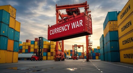 A large industrial crane lifts a red shipping container labeled economic crisis symbolizing global financial downturn and trade disruption