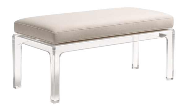A stylish acrylic bench with a clear design and soft cushion, perfect for luxury bedrooms.