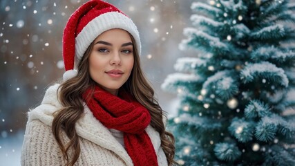 cute woman in winter, woman on background of christmas tree, woman in holydays