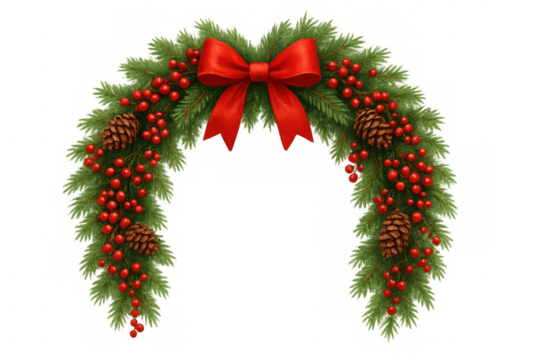 Christmas garland decorating arch with red bow, pine cones, and winter berries, celebrating festive holidays