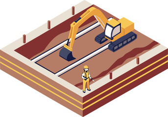 Modern isometric vector showing waterworks construction and underground piping installation.