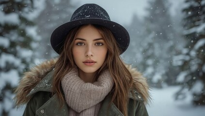 cute woman in winter, woman on background of christmas tree, woman in holydays