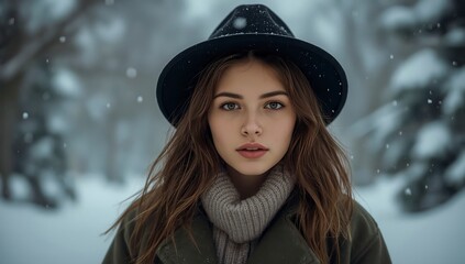 cute woman in winter, woman on background of christmas tree, woman in holydays