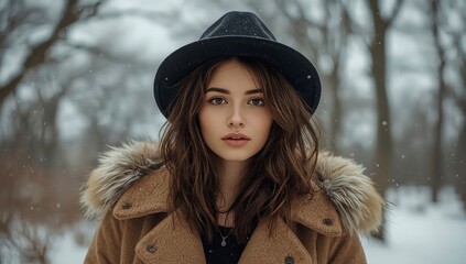 cute woman in winter, woman on background of christmas tree, woman in holydays