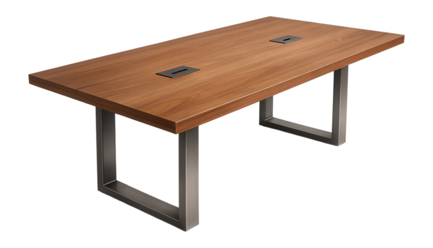 A spacious conference dining table with built-in power outlets for home office meetings.