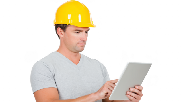 Man wearing yellow safety helmet using tablet, focused on digital device, construction worker in casual shirt working with technology, isolated on transparency background