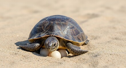 Obraz premium Sea turtle laying eggs on a sandy beach, close-up view.