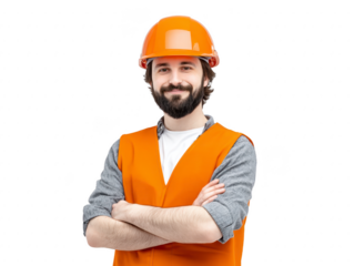 Confident construction worker wearing orange safety vest and helmet with folded arms, smiling and ready for work in protective outfit