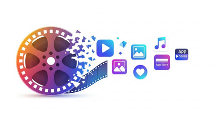 Fototapeta premium Colorful film reel disintegrating into social media icons, representing the digital transformation of the entertainment industry