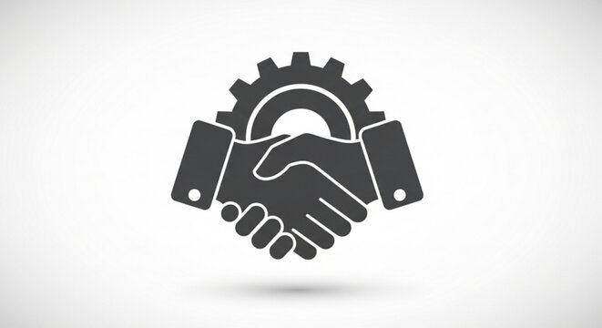 Handshake in front of a gear, symbolizing a strong business partnership represents collaboration, agreement, and mechanical cooperation