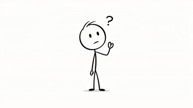 Animated stick figure pondering with question mark on white background