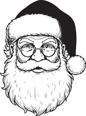 Vector art of black and white illustration of santa claus face with glasses and hat