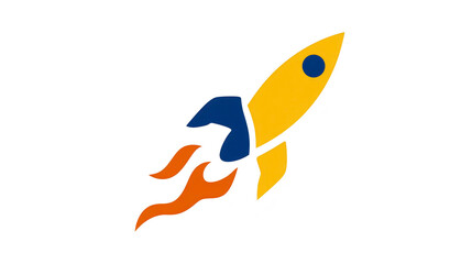 Rocket icon with yellow body and blue fins launching with orange flame, symbolizing innovation and progress in simple flat design