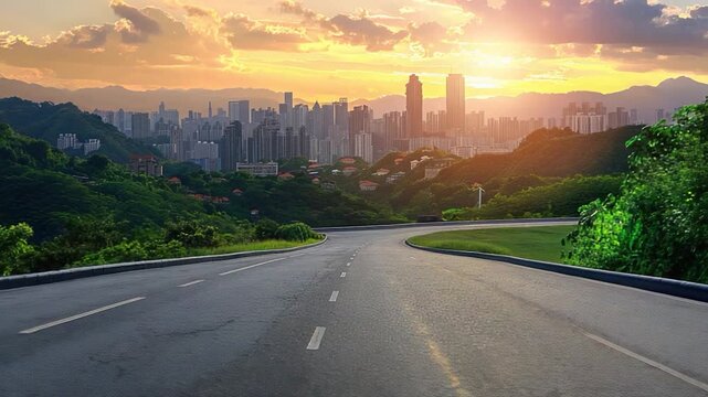 Video A long and empty road stretches out towards a bustling city in the background, ideal for use in travel or urban planning images