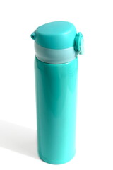 There is a green thermos on a white background.	