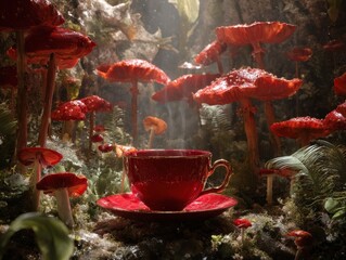 Steaming Teacup Amidst Giant Red Mushrooms in a Sun-Dappled Forest, Mystical Woodland Setting With Fantasy Fungi and Warm Beverage