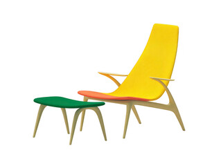 Modern lounge chair with yellow backrest and orange seat cushion paired with green ottoman, both featuring light wooden legs and armrests, isolated on transparency background