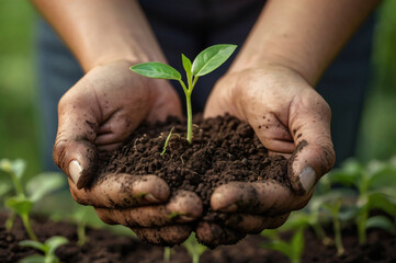 Fototapeta premium Hands holding soil with a young plant seedling growing dirt