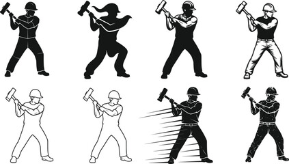 Construction worker holding sledgehammer, laborer strength silhouette, industrial tool operator, demolition worker action pose, heavy equipment professional illustration design -flat vector