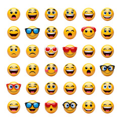 Obraz premium Yellow Emoji Faces Grid with Transparent Background, Glossy 3D Realism Design Element
