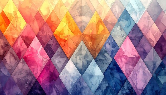 A vibrant abstract geometric pattern featuring a tessellation of colorful diamond shapes with watercolor textures.
