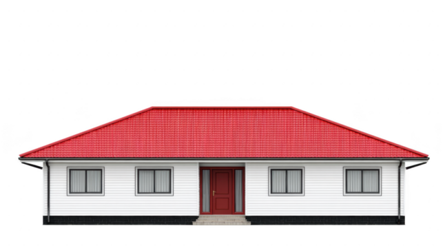Single story house with red roof and white siding, featuring four windows and central red door, presenting clean and simple residential design - Powered by Adobe