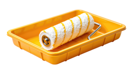 Yellow Paint Roller in Tray with Transparent Background, Realistic Paint Tool Design Element