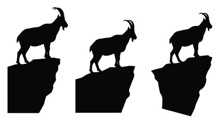 Three mountain goats silhouetted against a white background standing vigilantly