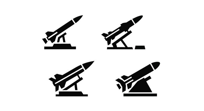 Simple black silhouettes of missiles on launch platforms displayed in a grid