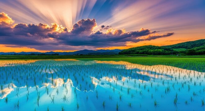Beautiful sunset over rice paddy field reflected in water